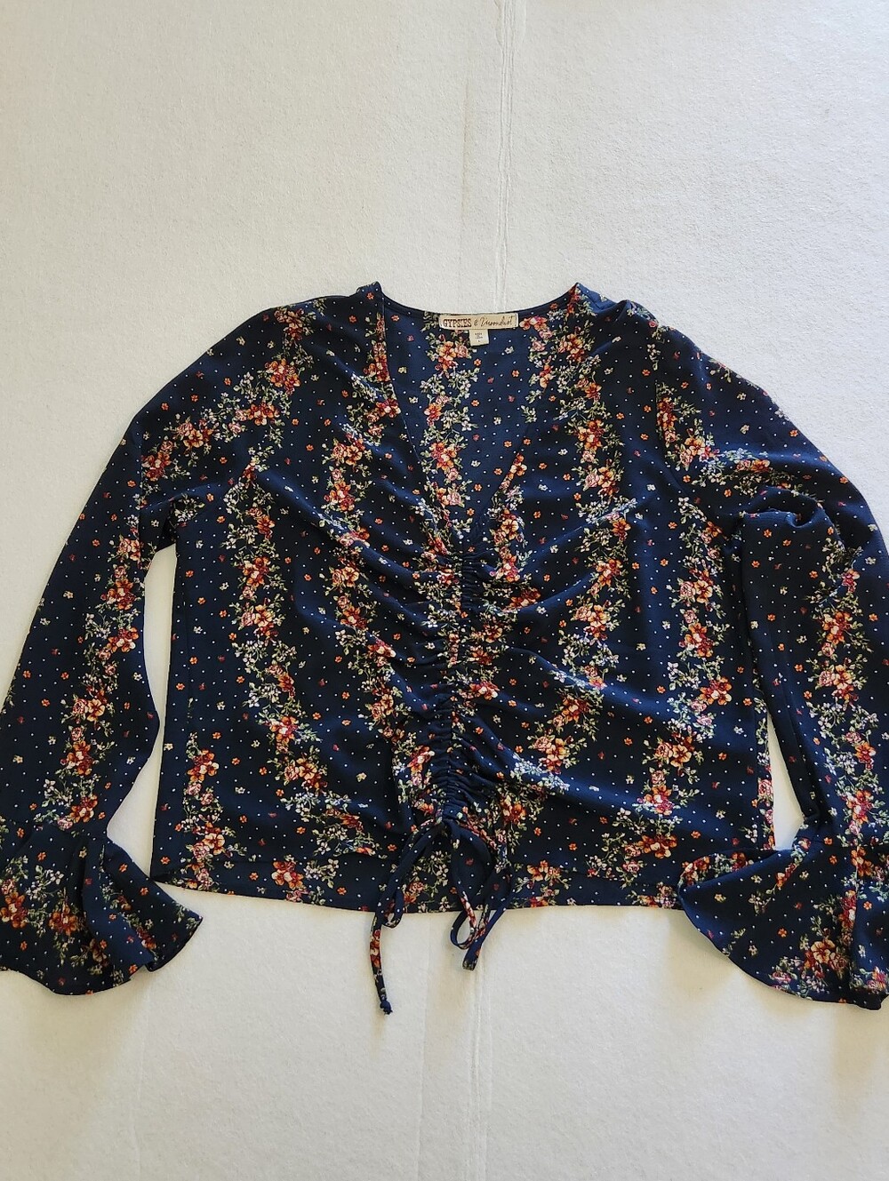 Gypsies & Moondust Navy Floral Ruched Drawstring Blouse Flared Cuff Size Large - Picture 1 of 9